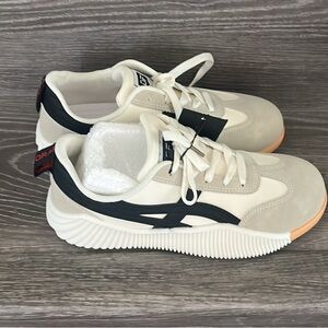 Cream and Black Low-Top Sneakers with Perforated Details